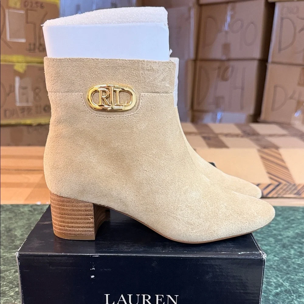 Ralph Lauren Beige Suede Ankle Booties with Gold RL Emblem - Picture 1 of 4
